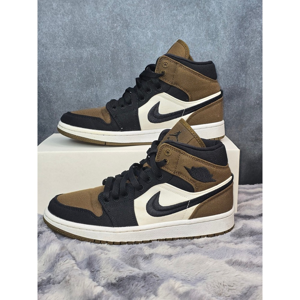EUC Jordan 1 Mid Olive Canvas Black  Sneakers SZ 8 DV0427-301‎ Limited Edition